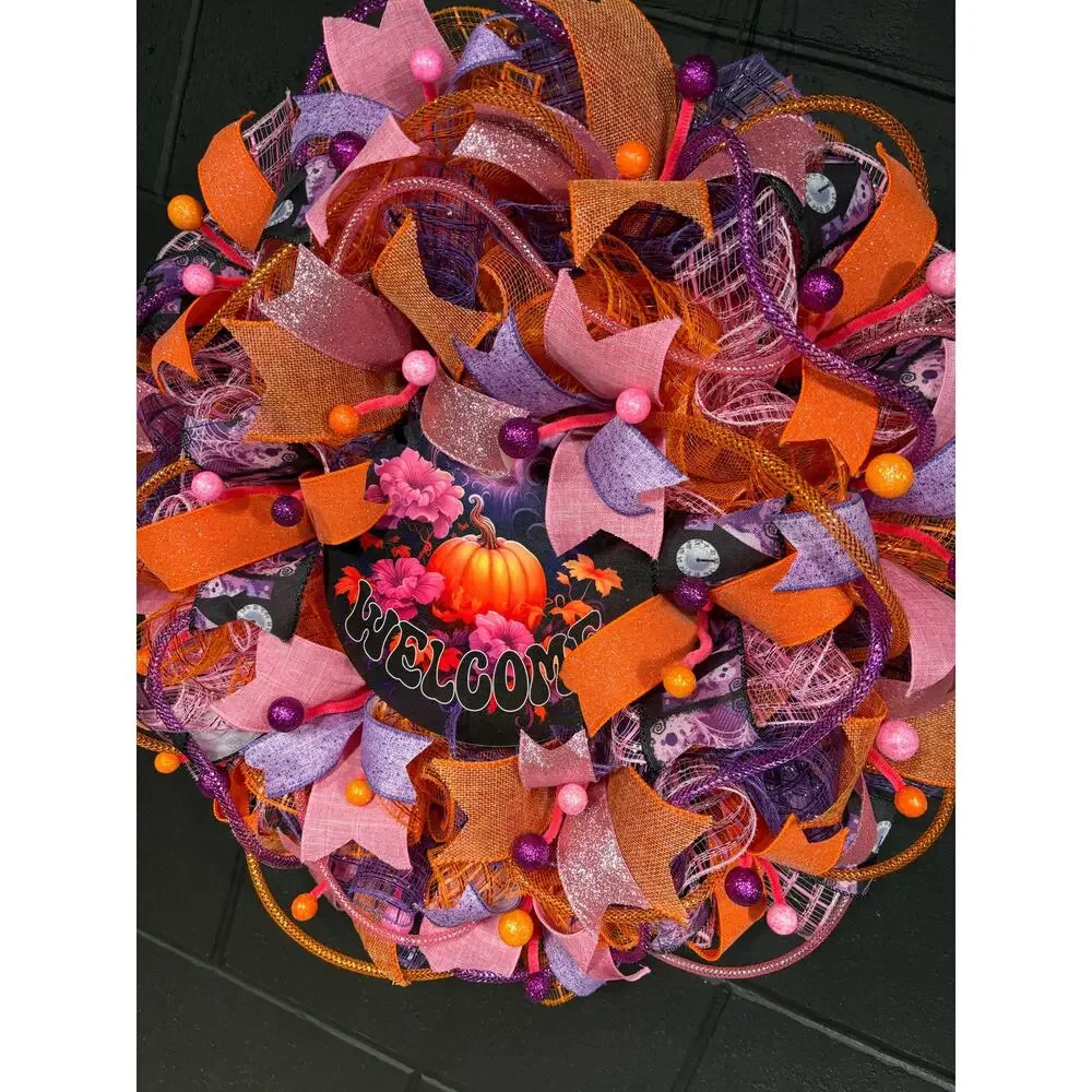 Fall Wreath For Front Door Halloween Pumpkin Orange Pink Purple Handmade 24 inch